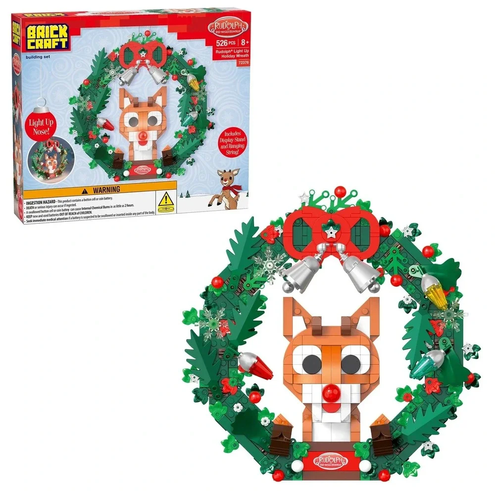 Rudolph the Red-Nosed Reindeer Light Up Holiday Wreath Building Bricks Set 526pc